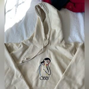 Obey Beige/Cream Drawstring Hoodie with Branded Neck Label